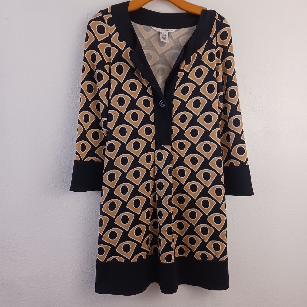 Diane Von Furstenberg Black and Beige Geometric Midi Dress